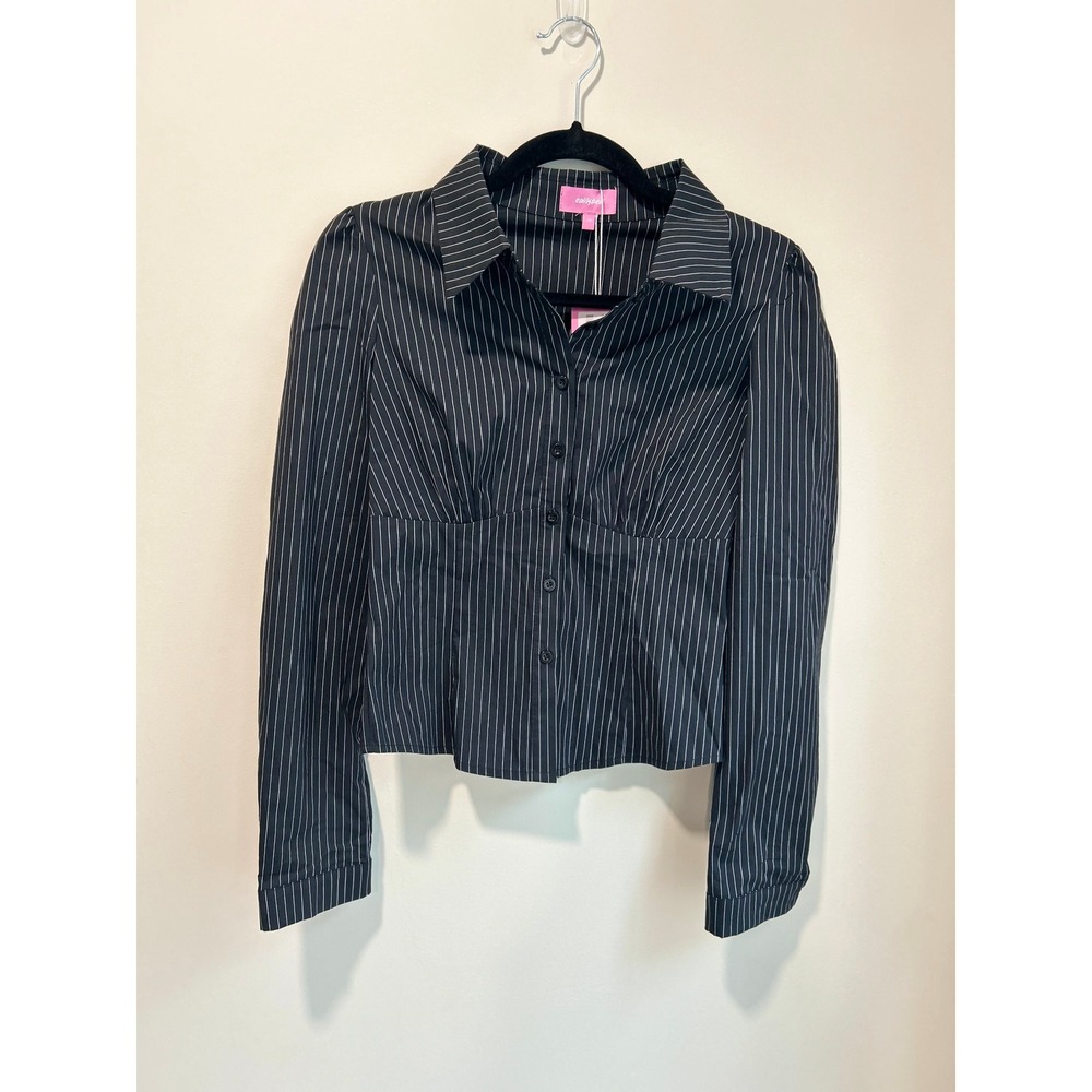 Edikted Black Pinstripe Button Down Shirt Puff Sleeve Cinched Waist XS NEW